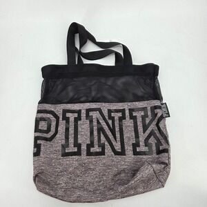 Victoria's Secret PINK Mesh Tote Bag Heather Gray Black Gym Beach Bag Logo